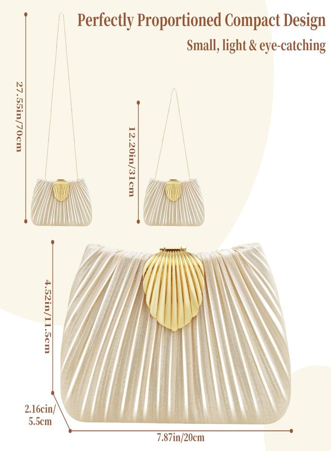 حقيبة يد أنيقة من الحرير للنساء، بتصميم YBMYCM، مزودة بسلسلة قابلة للفصل 3 في 1 لحملها على الكتف أو بشكل متقاطع أو باليد، مع مشبك على شكل صدفة، مثالية لحفلات الزفاف والخطوبة والعشاء الفاخر. - Image 4