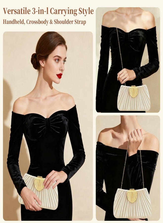 حقيبة يد أنيقة من الحرير للنساء، بتصميم YBMYCM، مزودة بسلسلة قابلة للفصل 3 في 1 لحملها على الكتف أو بشكل متقاطع أو باليد، مع مشبك على شكل صدفة، مثالية لحفلات الزفاف والخطوبة والعشاء الفاخر. - Image 2