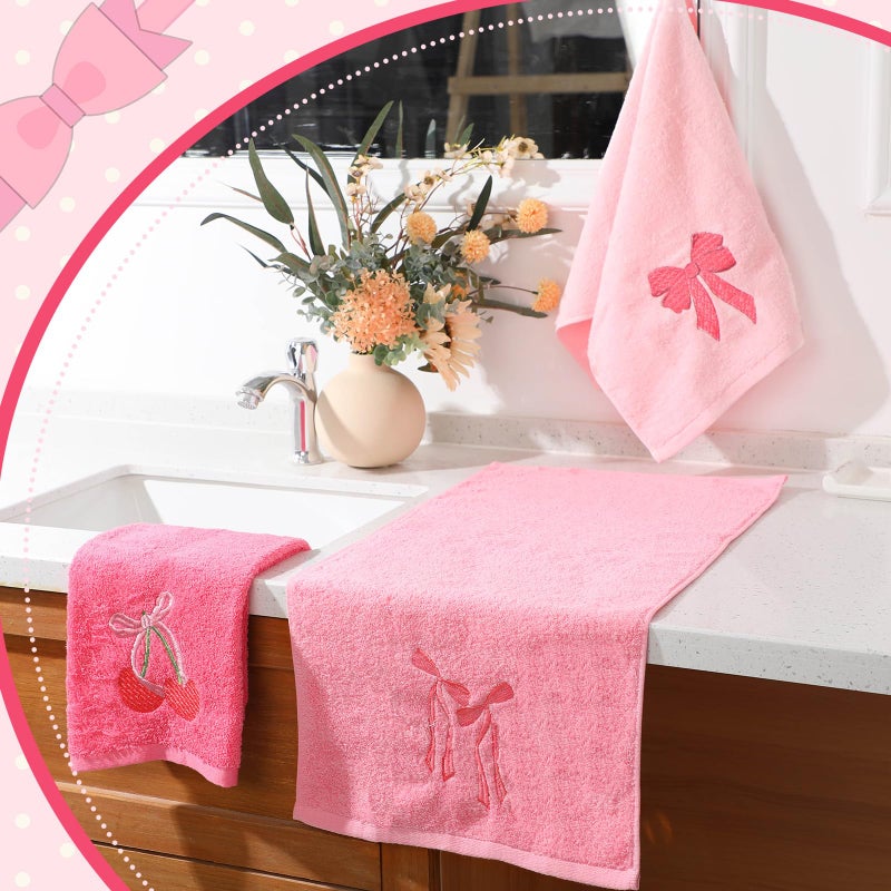 FuWeave 3 Pcs Pink Hand Towels for Bathroom Coquette Bow Embroidered Decorative Towel 100% Cotton Soft Absorbent Kitchen Facecloth Preppy Bathroom Decor Bridal Shower Wedding Gift 13.7 x 29.5'' - Image 4