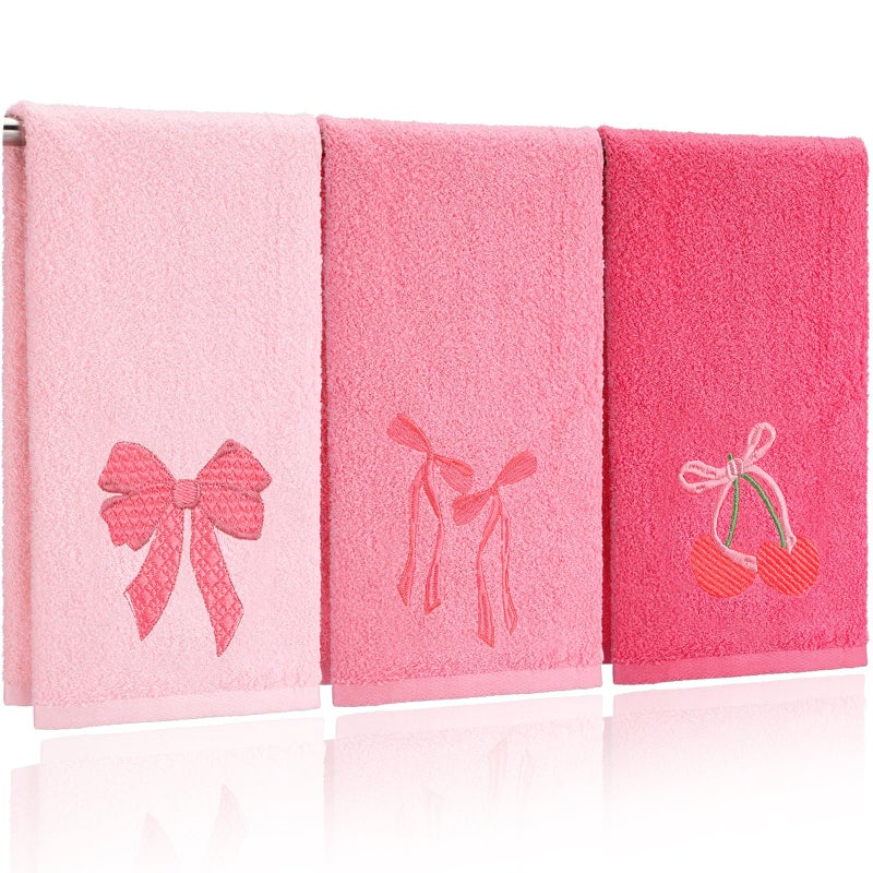 FuWeave 3 Pcs Pink Hand Towels for Bathroom Coquette Bow Embroidered Decorative Towel 100% Cotton Soft Absorbent Kitchen Facecloth Preppy Bathroom Decor Bridal Shower Wedding Gift 13.7 x 29.5'' - Image 1