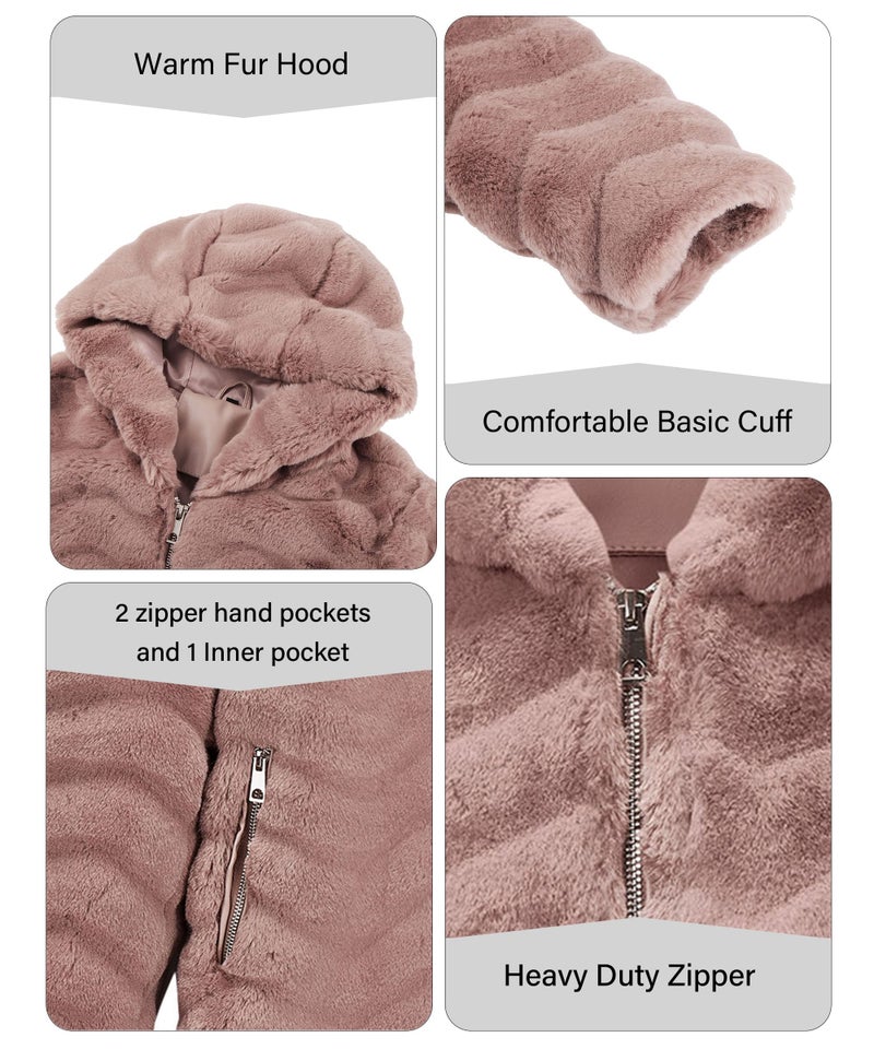RISISSIDA Women Long Faux Fur Coat Fuzzy Jacket with Hood Fleece Winter Fall Thermal Shearling Warm Fluffy Furry Overcoat Pink 120757 M - Image 5