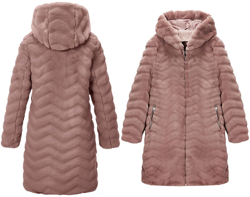 RISISSIDA Women Long Faux Fur Coat Fuzzy Jacket with Hood Fleece Winter Fall Thermal Shearling Warm Fluffy Furry Overcoat Pink 120757 M - Image 3