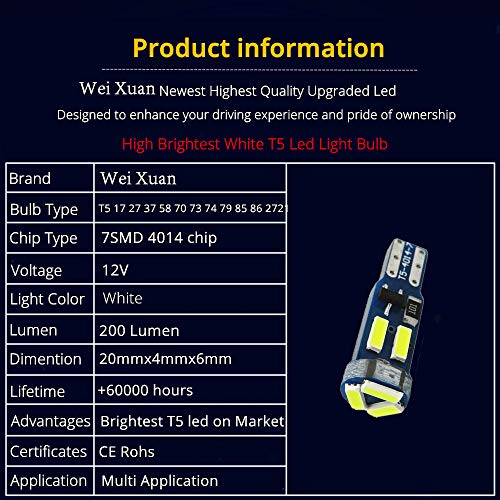 WeiXuan 10X T5 LED Bulbs Wedge 74 70 37 17 2721 PC74 PC37 LED Lamps for Car Interior Gauge Cluster Dashboard Instrument Panel Indicators (White) - Image 2