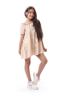 Andora Off Shoulder Plaid Girls Dress With Decorative Buttons - Beige  - Image 3