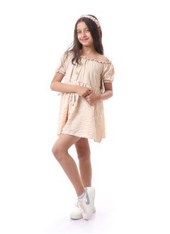 Andora Off Shoulder Plaid Girls Dress With Decorative Buttons - Beige  - Image 2