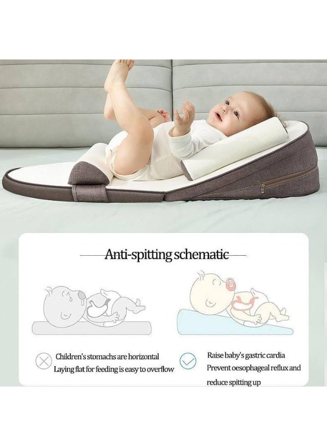 جونيس وسادة إسفين لسرير الأطفال، وسائد الحضانة، وسادة بيوميكانيكية مضادة للقيء، تمنع تسطح الرأس والارتجاع الناتج عن البصق، وسادة رضاعة قابلة لتعديل الارتفاع، مع حواف جانبية تمنع سقوط الرضيع (لون بني) - Image 2