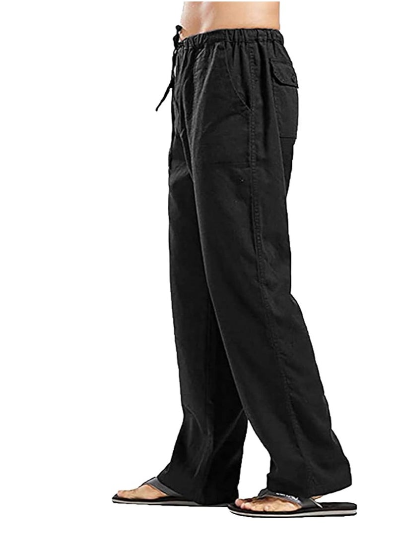 Generic - Men's Cotton Linen Pants Loose Fit Casual Yoga Pants Drawstring Elastic Waist Straight Legs Pants - Image 1