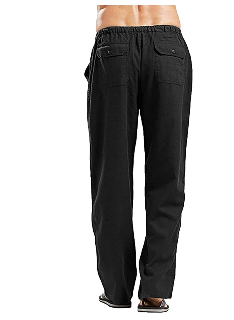 Generic - Men's Cotton Linen Pants Loose Fit Casual Yoga Pants Drawstring Elastic Waist Straight Legs Pants - Image 1