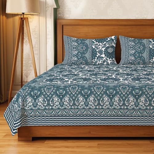 Urban Space 100% Cotton Jaipuri Handblock Premium Printed King Size Bedsheet with 2 Pillow Covers, 240 TC Cotton King Bedsheet (108 x 108 Inches, Morbagh) - Image 1