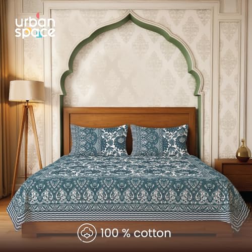 Urban Space 100% Cotton Jaipuri Handblock Premium Printed King Size Bedsheet with 2 Pillow Covers, 240 TC Cotton King Bedsheet (108 x 108 Inches, Morbagh) - Image 2