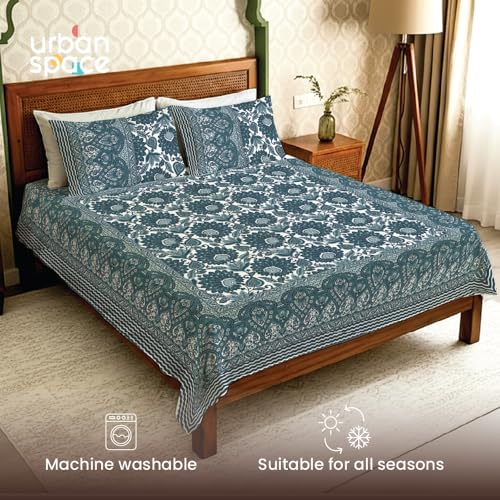 Urban Space 100% Cotton Jaipuri Handblock Premium Printed King Size Bedsheet with 2 Pillow Covers, 240 TC Cotton King Bedsheet (108 x 108 Inches, Morbagh) - Image 4