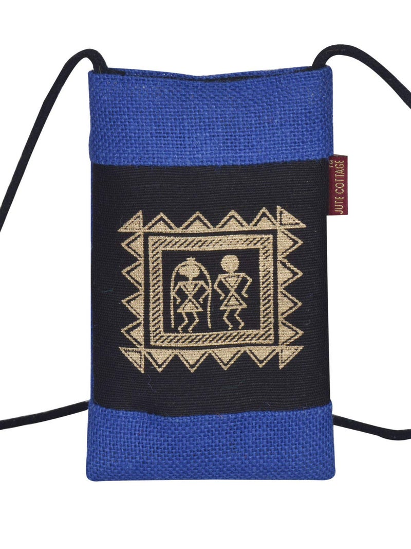 Jute Cottage Eco-Friendly Warli Print Mobile Sling Bag for Girls & Women | 7.5x4.5 in Navy Blue Jute | Handcrafted Sustainable Mobile Holder for Travel, Office, Daily Use - Image 1
