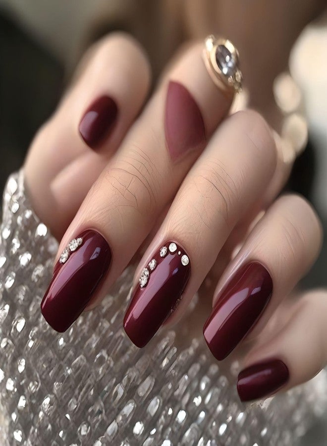FAVHOME 24 PCS Fake Artificial Nail Set with Self-Adhesive Stickers | Artificial Nails for Home Manicure, Parties, Weddings, and Quick Setting Press-On Nails with Designs (Maroon Red, Standard) - Image 3
