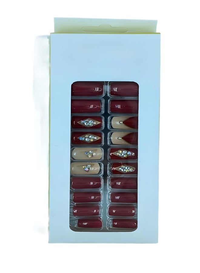 FAVHOME 24 PCS Fake Artificial Nail Set with Self-Adhesive Stickers | Artificial Nails for Home Manicure, Parties, Weddings, and Quick Setting Press-On Nails with Designs (Maroon Red, Standard) - Image 2