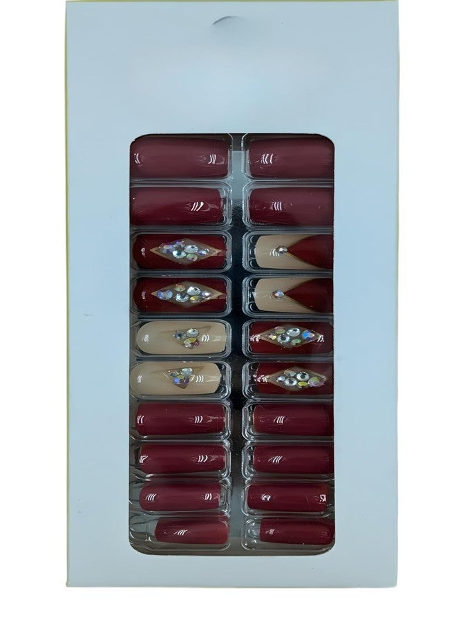 FAVHOME 24 PCS Fake Artificial Nail Set with Self-Adhesive Stickers | Artificial Nails for Home Manicure, Parties, Weddings, and Quick Setting Press-On Nails with Designs (Maroon Red, Standard) - Image 4