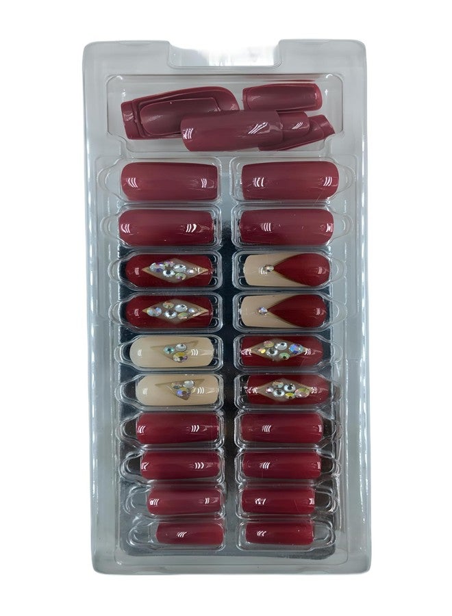 FAVHOME 24 PCS Fake Artificial Nail Set with Self-Adhesive Stickers | Artificial Nails for Home Manicure, Parties, Weddings, and Quick Setting Press-On Nails with Designs (Maroon Red, Standard) - Image 5