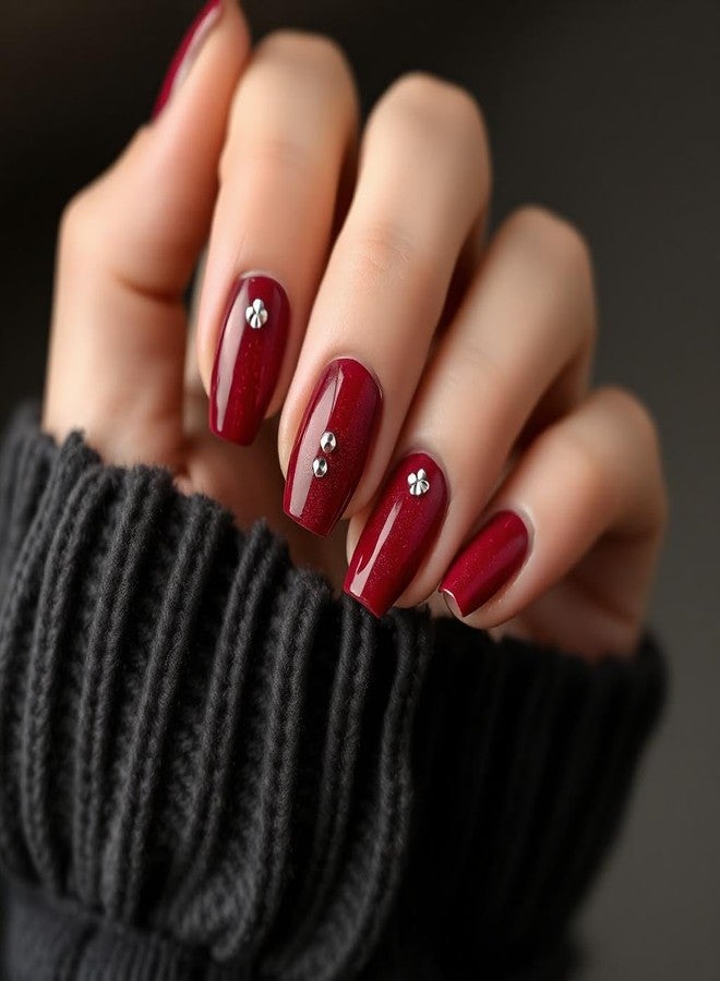 FAVHOME 24 PCS Fake Artificial Nail Set with Self-Adhesive Stickers | Artificial Nails for Home Manicure, Parties, Weddings, and Quick Setting Press-On Nails with Designs (Maroon Red, Standard) - Image 1