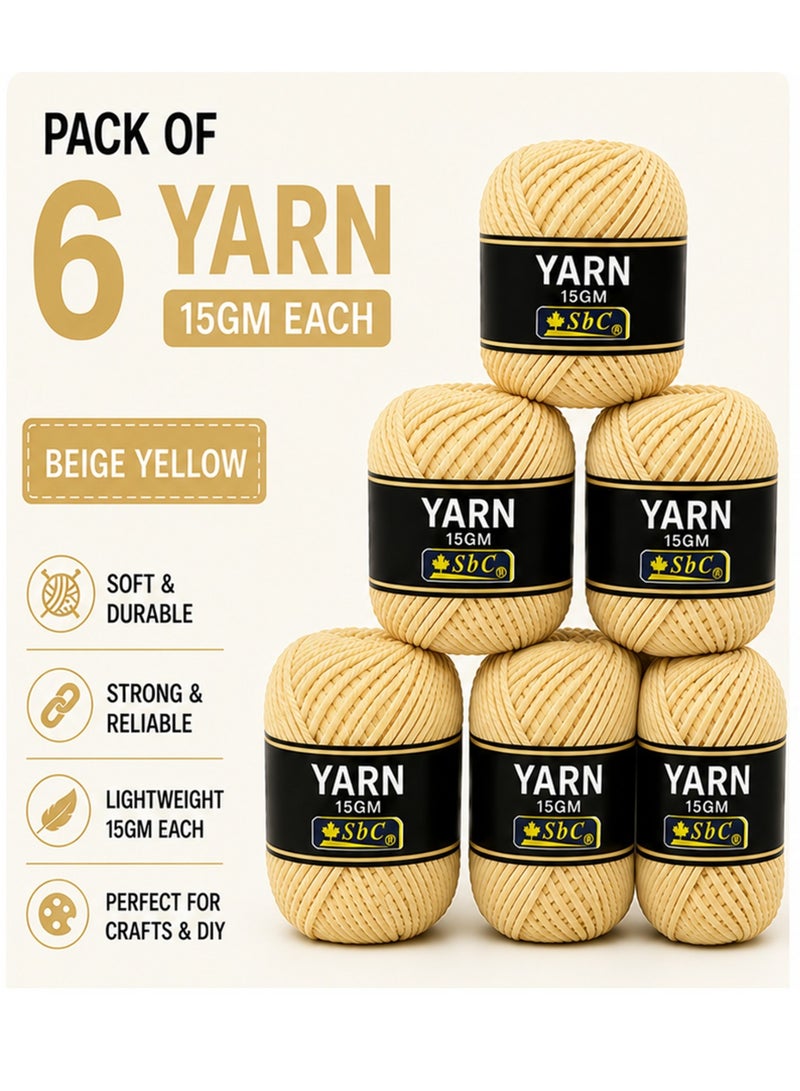 6-Piece Cotton Wool Yarn For Art And Crafts 15gm Content Beige Yellow
