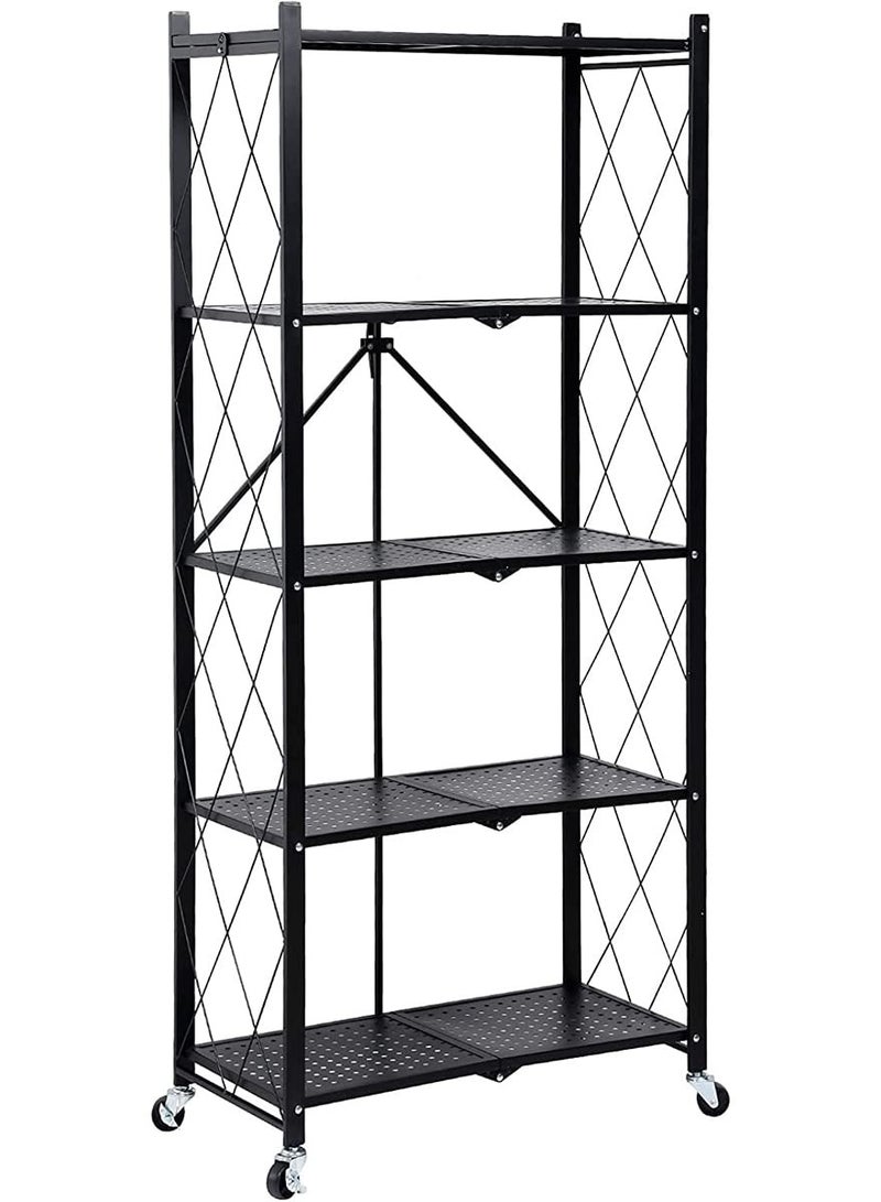 5 Tier Thickened Foldable Storage Rack with Wheels Rack Shelf Organizer, 5 Tier Shelves for Storage, Storage Racks Kitchen Cabinet, Shelf Storage Multipurpose Rack for Living Room Bedroom Kitchen Garage (Black, 5 Tier Storage) - Image 4