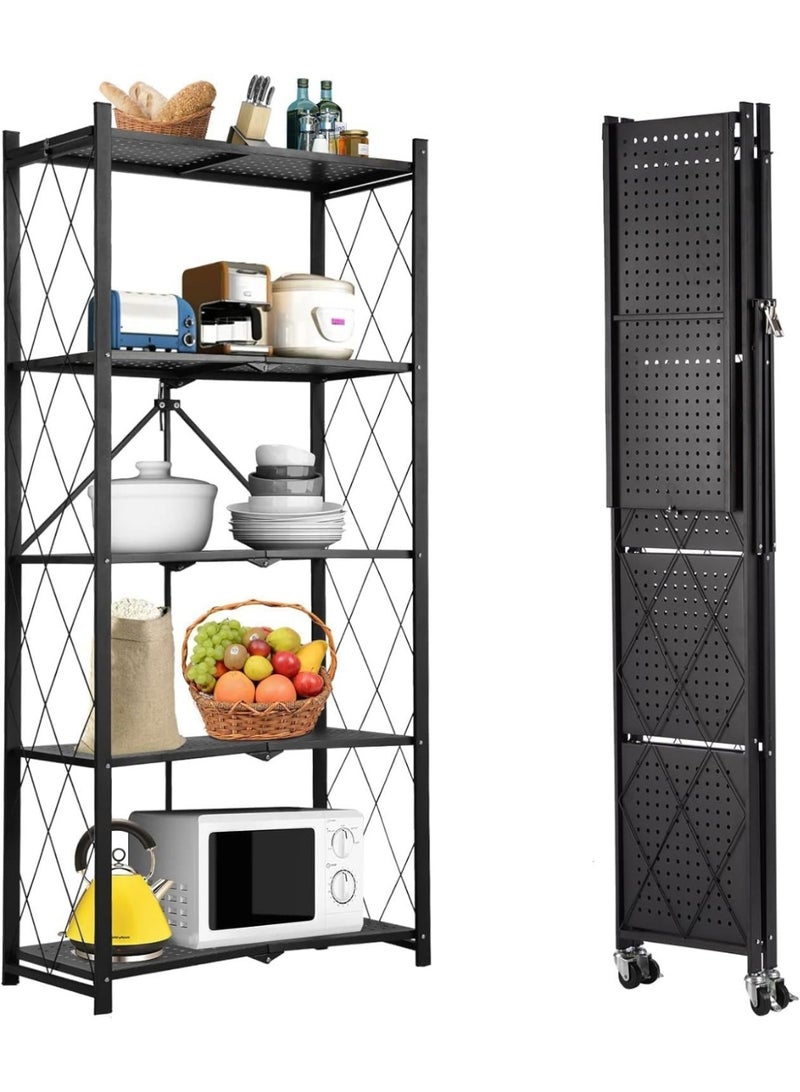 5 Tier Thickened Foldable Storage Rack with Wheels Rack Shelf Organizer, 5 Tier Shelves for Storage, Storage Racks Kitchen Cabinet, Shelf Storage Multipurpose Rack for Living Room Bedroom Kitchen Garage (Black, 5 Tier Storage) - Image 1