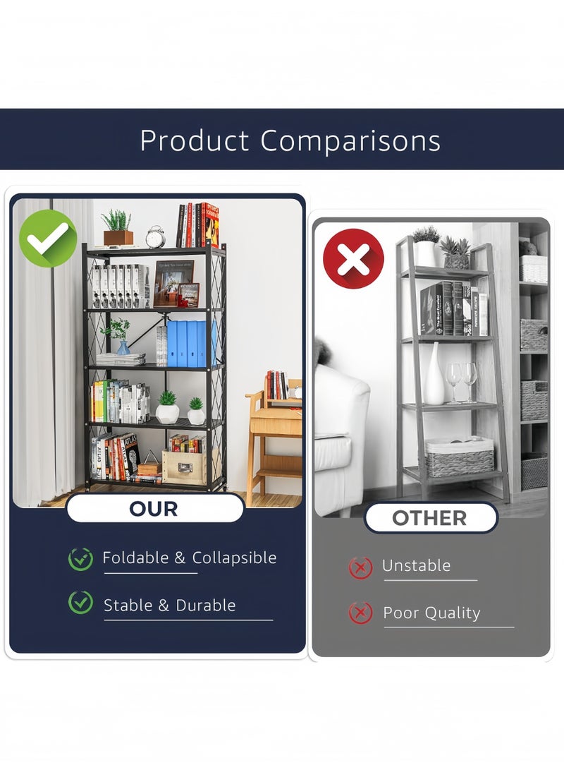 5 Tier Thickened Foldable Storage Rack with Wheels Rack Shelf Organizer, 5 Tier Shelves for Storage, Storage Racks Kitchen Cabinet, Shelf Storage Multipurpose Rack for Living Room Bedroom Kitchen Garage (Black, 5 Tier Storage) - Image 2