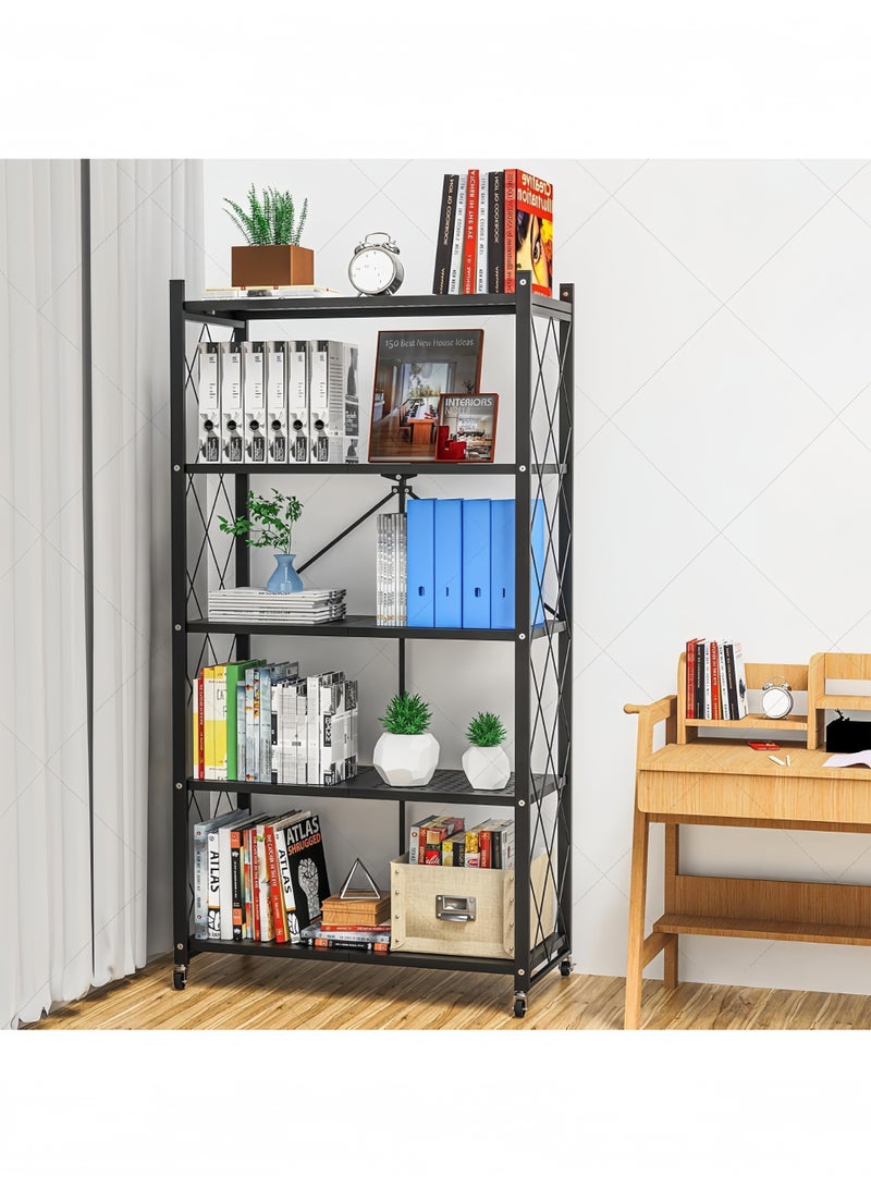 5 Tier Thickened Foldable Storage Rack with Wheels Rack Shelf Organizer, 5 Tier Shelves for Storage, Storage Racks Kitchen Cabinet, Shelf Storage Multipurpose Rack for Living Room Bedroom Kitchen Garage (Black, 5 Tier Storage) - Image 3