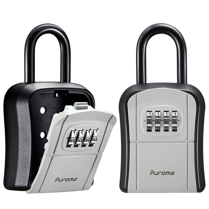 Puroma Key Lock Box, Portable Combination Lockbox Wall-Mounted Key Storage Box for House Keys, Resettable Code Safe Security Lock Box for Home, Office, Apartment Spare Key Storage (2 Pack, Gray) - Image 1