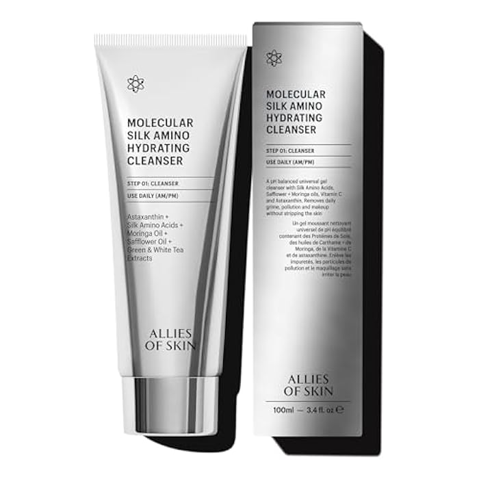 Allies of Skin Molecular Silk Amino Hydrating Cleanser: Hyaluronic Acid, Ceramides, Safflower & Moringa Oils. Nourishes, Conditions & Repairs 100 ml/2.4 oz - Image 1