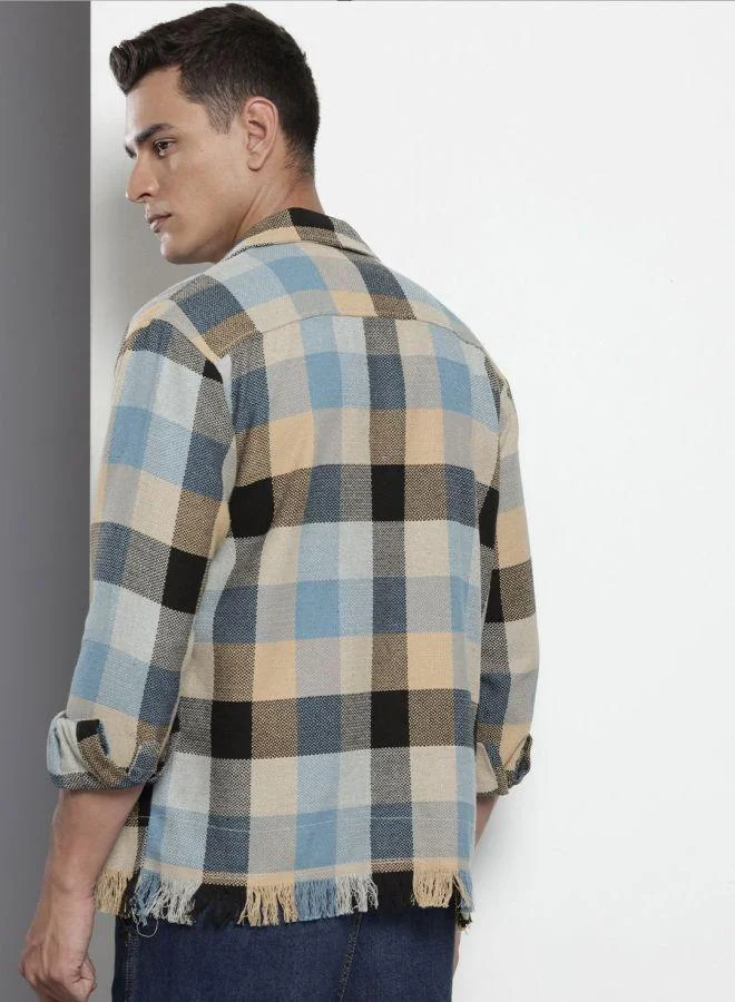 The Indian Garage Co Men Relaxed Fit Checked Cuban Collar Full Sleeves Shirt