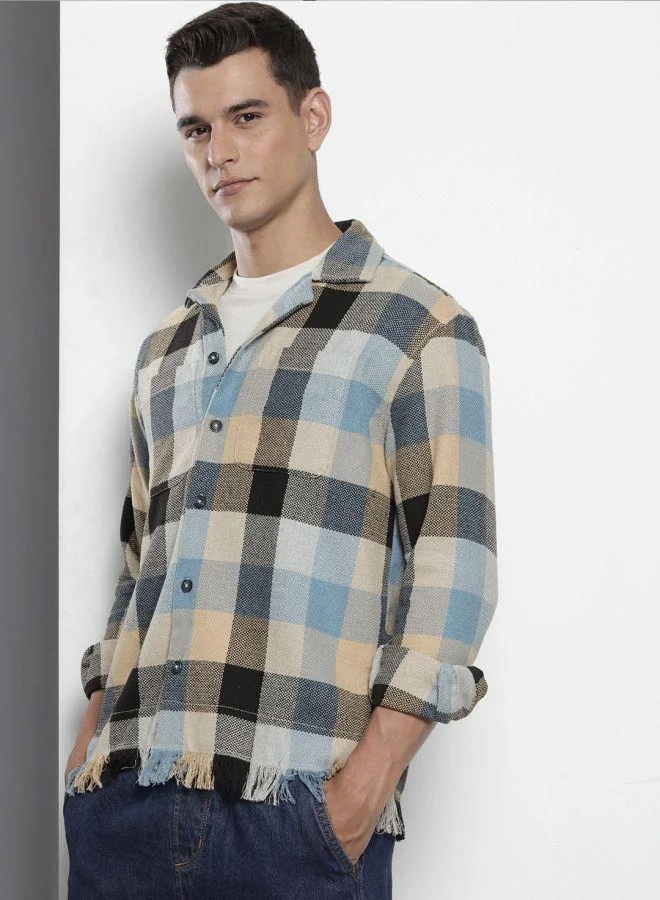 The Indian Garage Co Men Relaxed Fit Checked Cuban Collar Full Sleeves Shirt