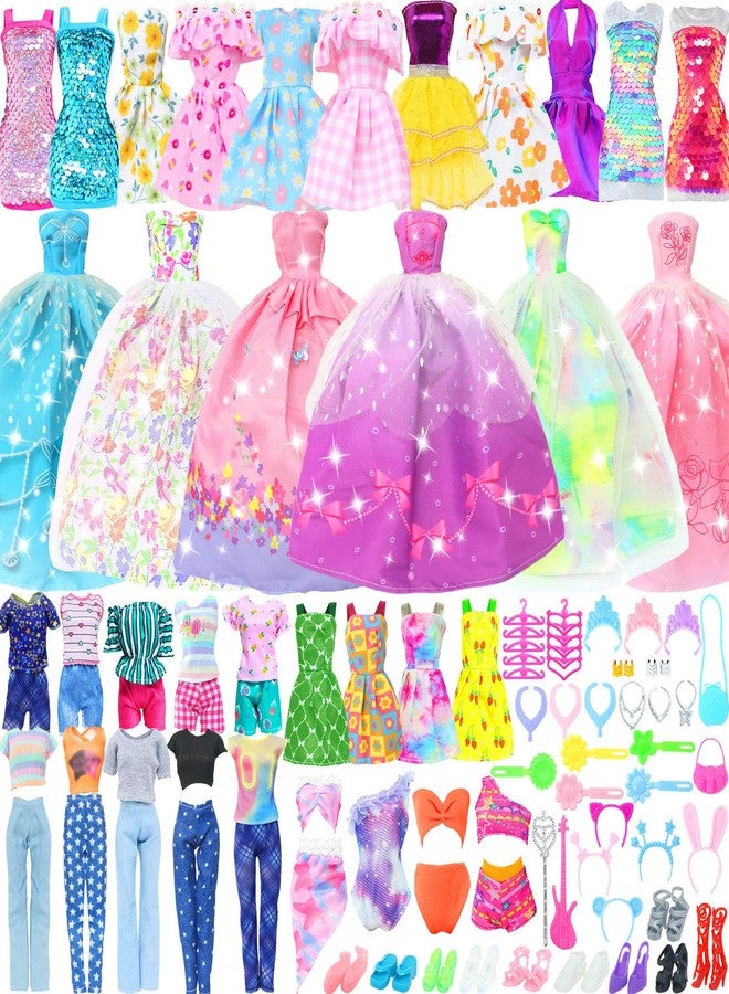 BJDBUS 50 Pcs Doll Clothes and Accessories, 2 Wedding Gowns 4 Fashion Dresses 2 Tops 2 Pants Outfits 2 Swimsuits Bikini 10 Shoes 10 Hangers 17 Accessories Stuffers for 11.5 inch Girl Doll - Image 1