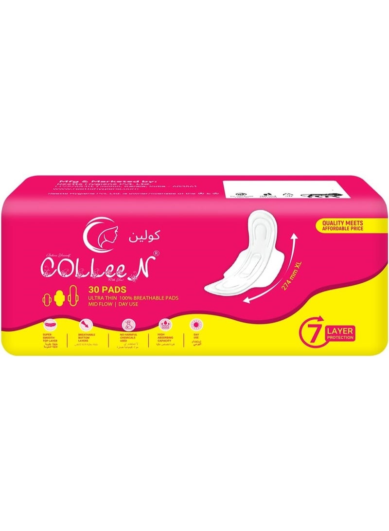 Colleen فوط كولين فائقة النحافة 100% قابلة للتنفس XL 274 مم للاستخدام اليومي - عبوة من 30 فوطة - Image 1