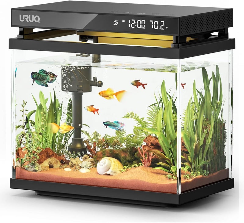 URUQ Fish Tank Smart Aquarium Kit: 2 Gallon UHD Glass Silent Water Pump Self Cleaning Multi-Layer Filtration System - Temperature Sensing 7-Color Lighting for Small Fish Betta Room Desktop Decor - Black - Image 1