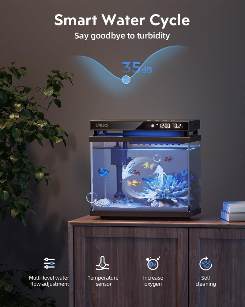URUQ Fish Tank Smart Aquarium Kit: 2 Gallon UHD Glass Silent Water Pump Self Cleaning Multi-Layer Filtration System - Temperature Sensing 7-Color Lighting for Small Fish Betta Room Desktop Decor - Black - Image 3