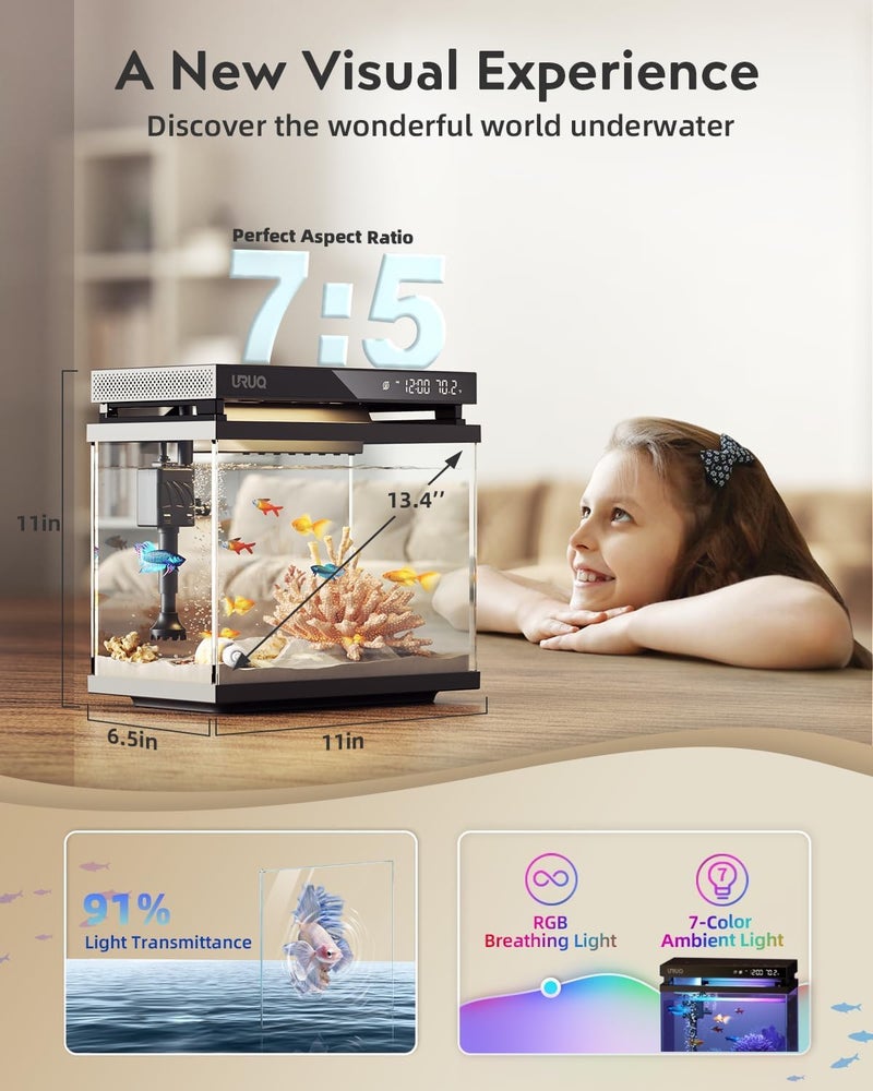 URUQ Fish Tank Smart Aquarium Kit: 2 Gallon UHD Glass Silent Water Pump Self Cleaning Multi-Layer Filtration System - Temperature Sensing 7-Color Lighting for Small Fish Betta Room Desktop Decor - Black - Image 4