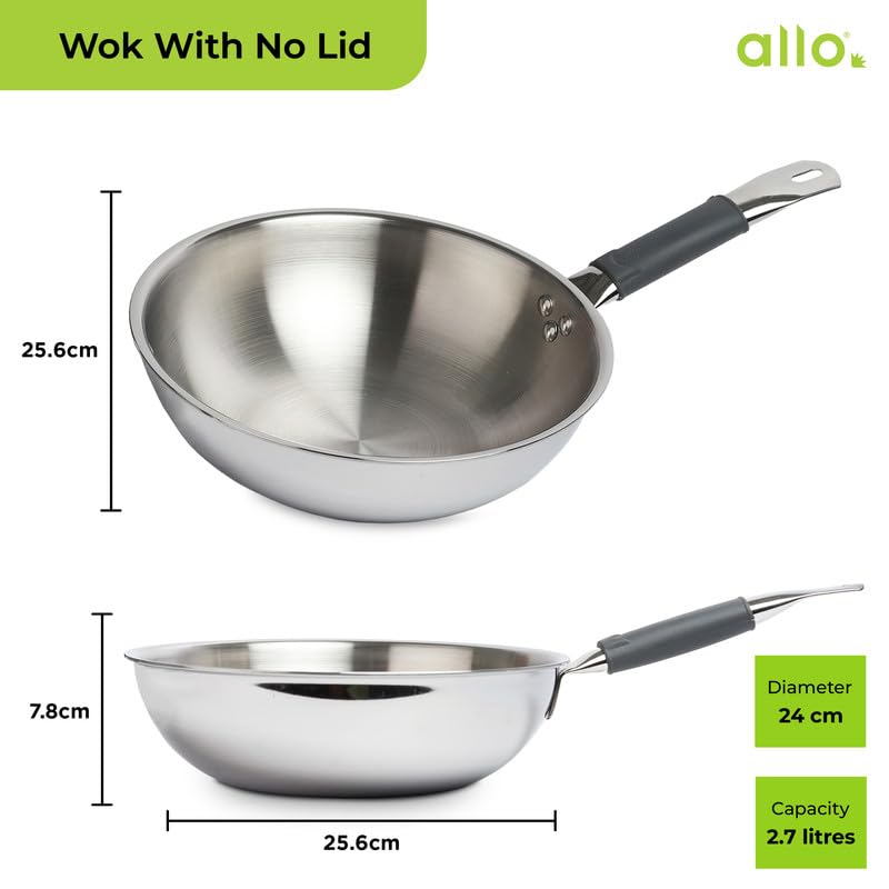 Allo Triply Stainless Steel Wok For Deep Fry/Stir Fry/Dry Veg/Sauté/Chinese Wok Cooking/Noodles Induction Friendly Naturally Non-Stick | 10 Years Warranty, 24Cm, 2.7 Litre,Silver - Image 2