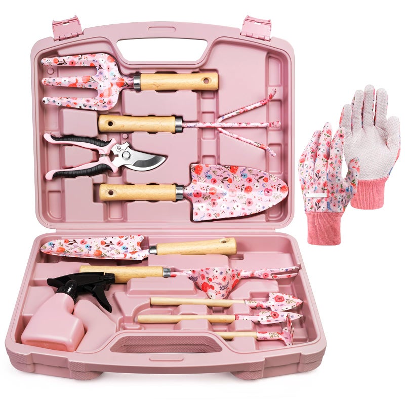 Grenebo 12-Piece Womens Gardening Tools Gift Set, Rust-Proof & Heavy-Duty Garden Tools with Durable Carrying Case, Fashionable & Thoughtful Gardening Gifts for Women&Men (Pink) - Image 1