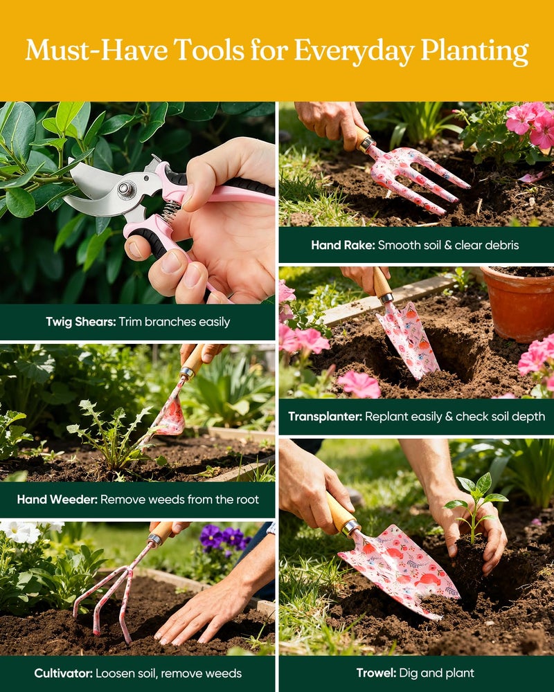 Grenebo 12-Piece Womens Gardening Tools Gift Set, Rust-Proof & Heavy-Duty Garden Tools with Durable Carrying Case, Fashionable & Thoughtful Gardening Gifts for Women&Men (Pink) - Image 4