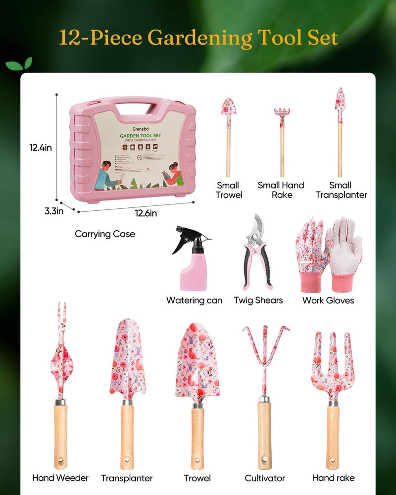 Grenebo 12-Piece Womens Gardening Tools Gift Set, Rust-Proof & Heavy-Duty Garden Tools with Durable Carrying Case, Fashionable & Thoughtful Gardening Gifts for Women&Men (Pink) - Image 2