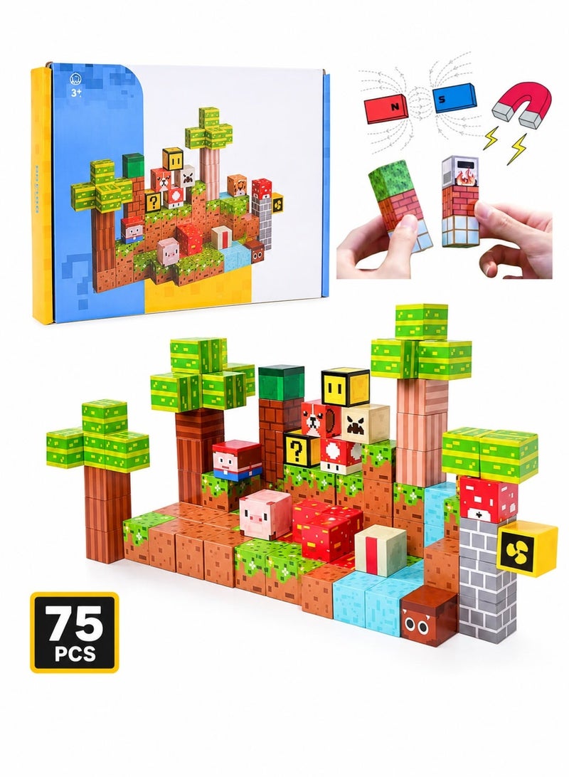 Silkja 75PCS Magnetic Building Blocks for Kids 3+ | Pixel Style Magnetic Cubes Construction Set | STEM Educational Building Toy for Creative Play, Fine Motor Skills, Boys & Girls - Image 2