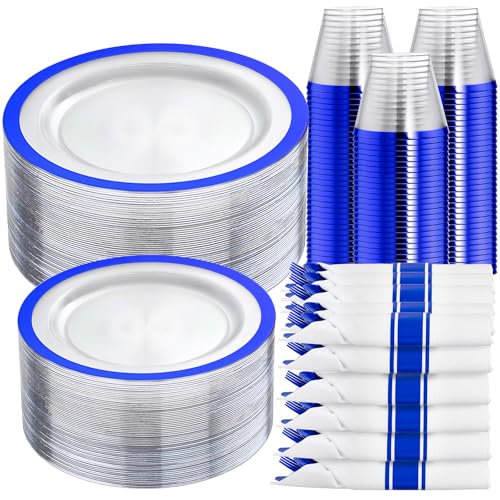 I00000 210 Pcs Dark Blue Plastic Plates Clear Disposable Plates for 30 Guests Blue Dinnerware Include 30 Dinner Plates 30 Dessert Plates 30 Cups 30 Pre Rolled Napkins with Cutlery Set for Party - Image 2