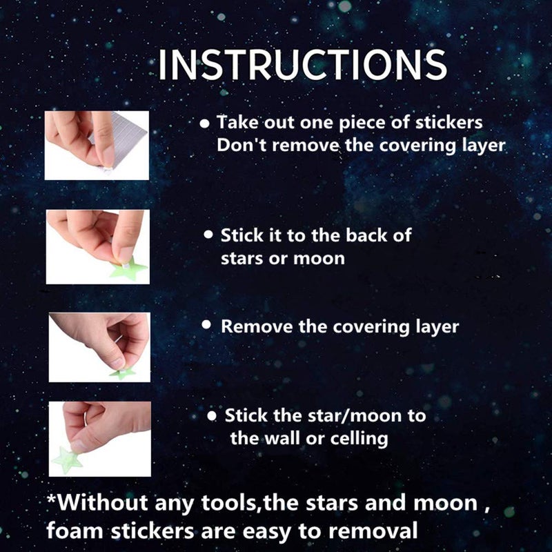 Aooyaoo Glow in The Dark Stars - Glow Stars Stickers for Ceiling,Self Adhesive 3D Glowing Stars and Moon for Starry Sky,Wall Decals for Kids Rooms,Wall Stickers for Bedroom(200 Stars,1 Moon - Image 4