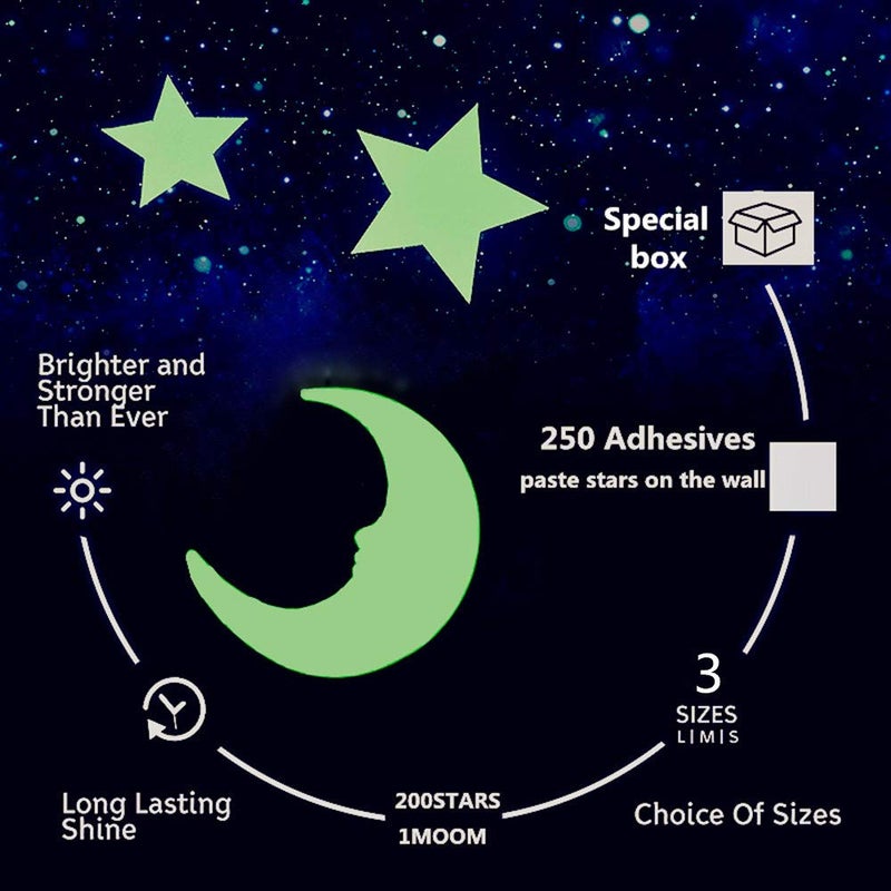 Aooyaoo Glow in The Dark Stars - Glow Stars Stickers for Ceiling,Self Adhesive 3D Glowing Stars and Moon for Starry Sky,Wall Decals for Kids Rooms,Wall Stickers for Bedroom(200 Stars,1 Moon - Image 2