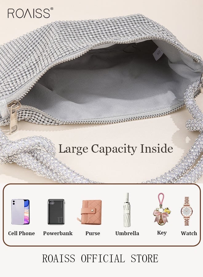 roaiss Women's Crystal Diamond Underarm Bag Shiny Knotted Bag Strap Evening Bag Ladies Trendy Party Handbag Silver Elegant Shoulder Bag Clutch with Smooth Zipper  - Image 2