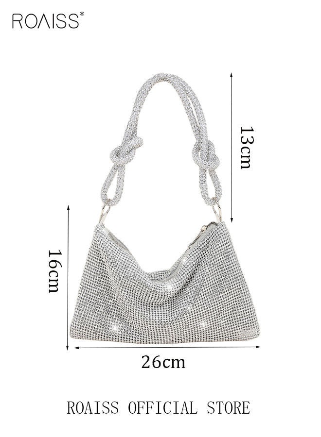 roaiss Women's Crystal Diamond Underarm Bag Shiny Knotted Bag Strap Evening Bag Ladies Trendy Party Handbag Silver Elegant Shoulder Bag Clutch with Smooth Zipper  - Image 5