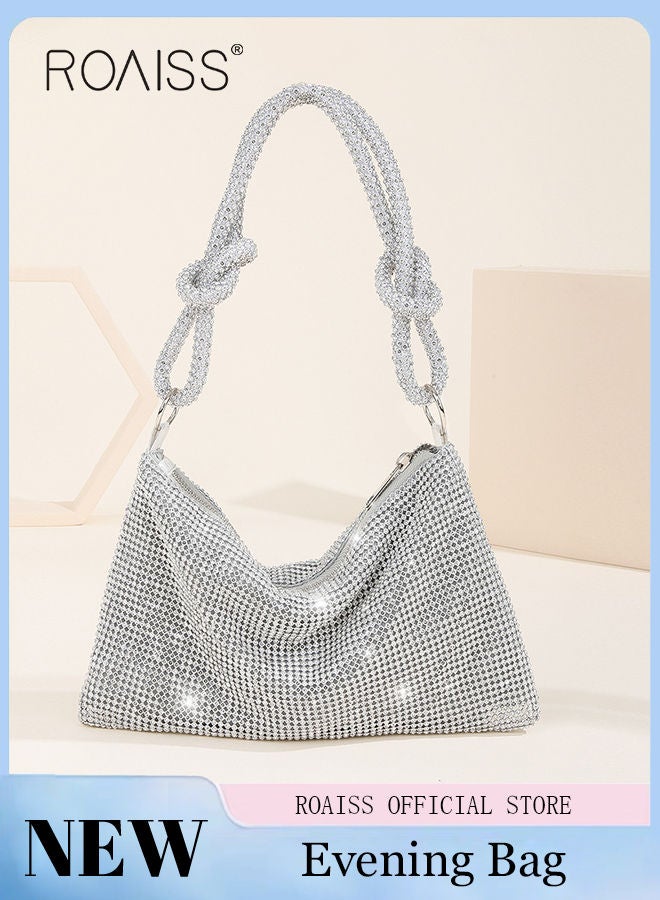 roaiss Women's Crystal Diamond Underarm Bag Shiny Knotted Bag Strap Evening Bag Ladies Trendy Party Handbag Silver Elegant Shoulder Bag Clutch with Smooth Zipper  - Image 1