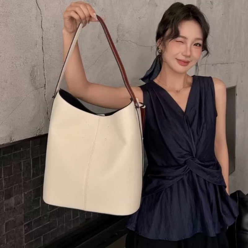 New First Layer Cowhide Maggie With Hobo Shoulder Bucket Bag Women'S Large Capacity Leather Handbag Tote Bag - Image 3