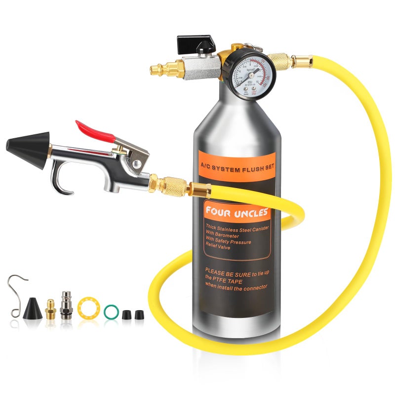 FOUR UNCLES IRONCUBE AC Flush Kit,A/C Air Conditioner System Flush Canister Kit Clean Tool Set R134a R12 R22 R410a R404a for Auto Car with 3.5 ft Hose American Interface