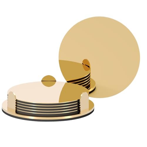Anterrific Gold Stainless Steel Coasters with Holder Modern Mirror Drink Coaster Set of 6 Unique Round Cup Coasters with NonSlip EVA Base Housewarming Dcor for Coffee Bar and Dining Table - Image 1