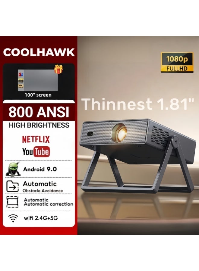COOLHAWK 800ANI Projector 4K - [Ultra-Slim 1.81"| Portbale Mini Ture 1080P Projector, Smart  Andriod OS with Projector Screen & 360° Rotation Stand & & WIFI 6 and Bluetooth, Auto keystone & Auto Focus, For Home Cinema and Outdoor - Image 1